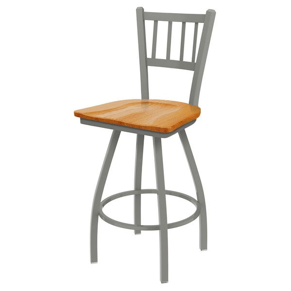 36" Swivel Bar Stool, Nickel Finish, Med Oak Seat